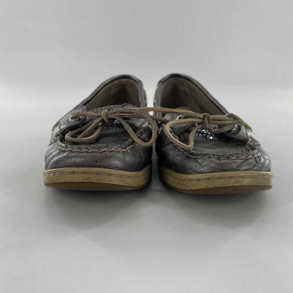 Sperry Angelfish Top-Sider Women 9 Silver Leather Shimmer Boat Shoe Preppy Deck‎